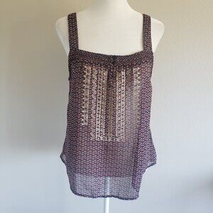 E & M Blouse Top Sleeveless Smocking Embroidery Sheer Popover Size L M